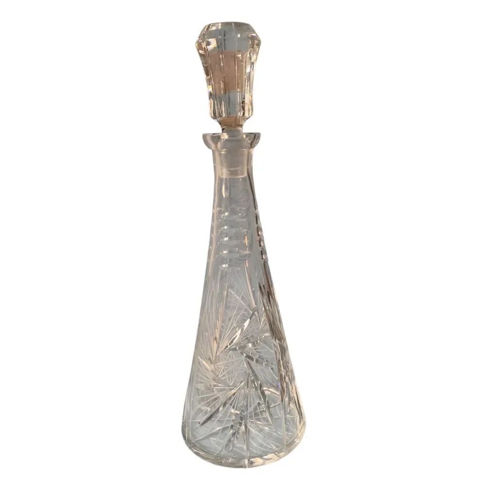 GLASS CRYSTAL Etched Cut to Clear Decanter Bottle with Stopper Top 14”